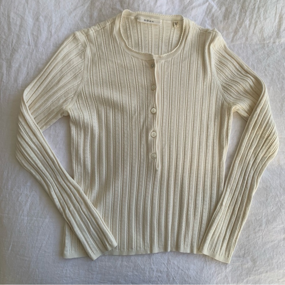 Doen Ellis Henley Pointelle Knit Button Crewneck Sweater Top Ivory - Picture 2 of 10